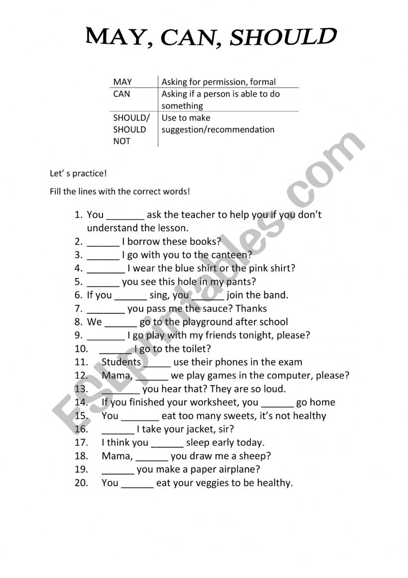 Modal verbs exercise, May, Can, Should