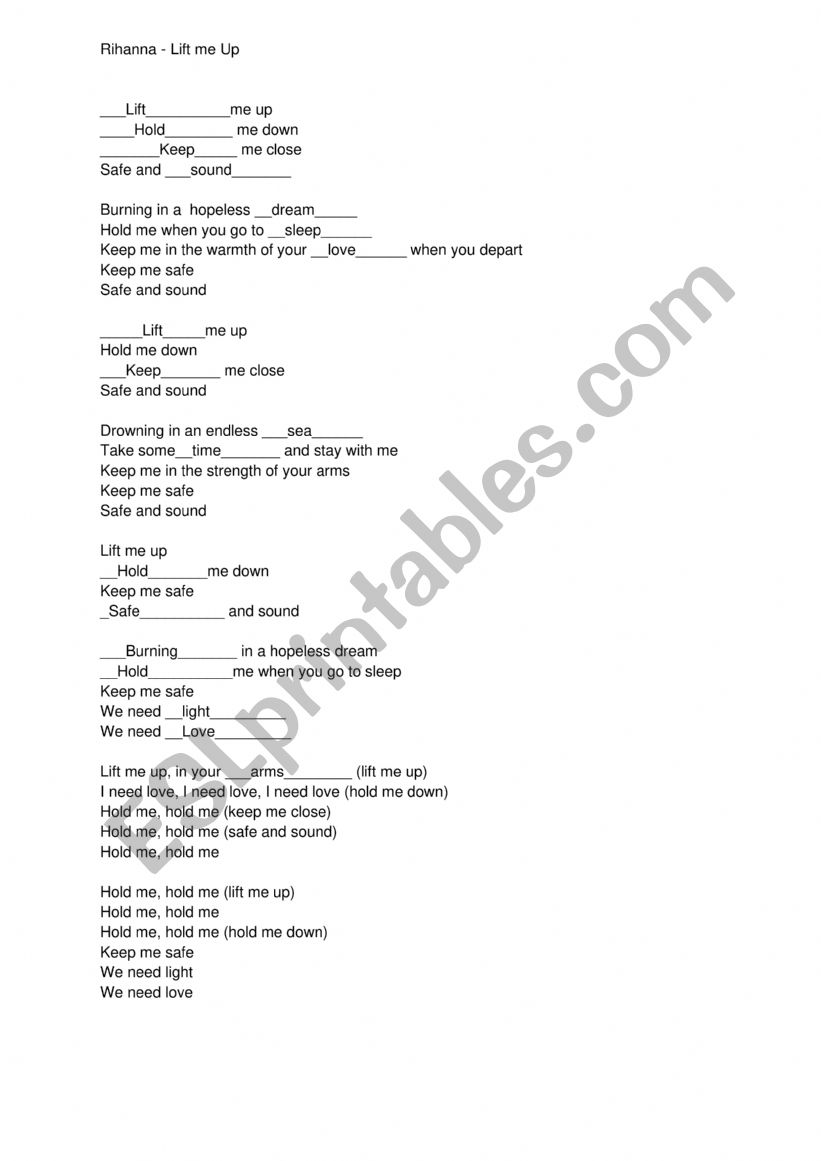 Song Lyrics - Lift me Up by Rihanna - ESL worksheet by teacherdeboramaia