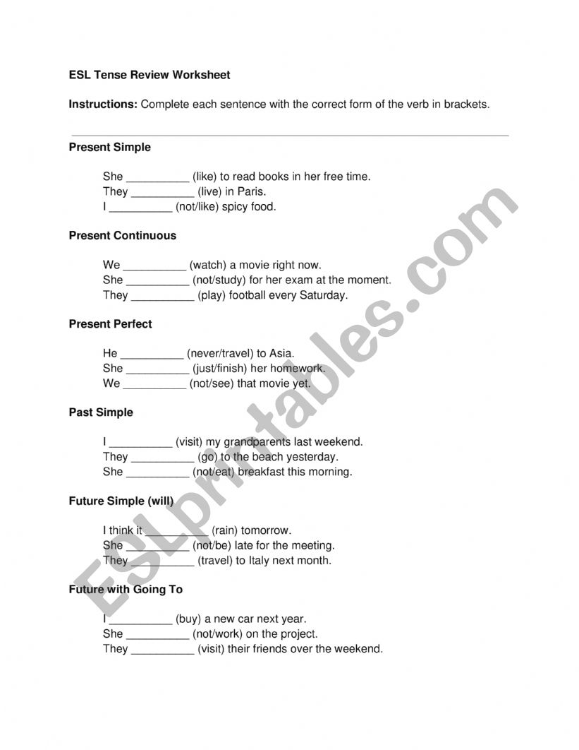 Tense review A2-B1 worksheet