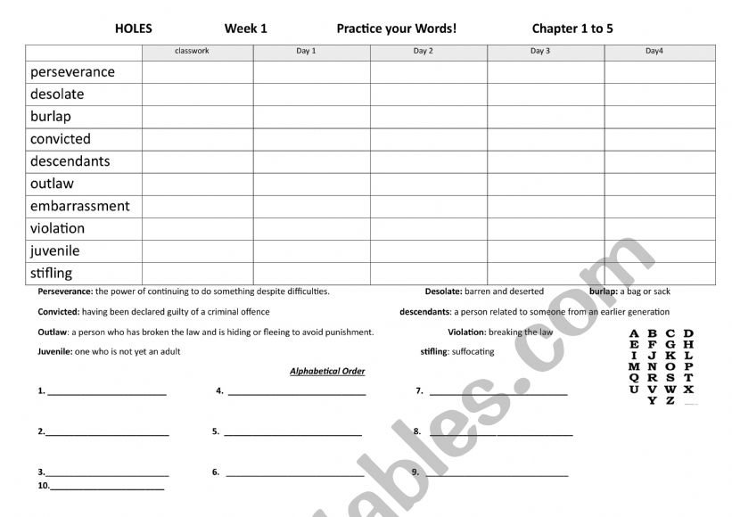 Spelling List Chapters 1 to 5 Holes