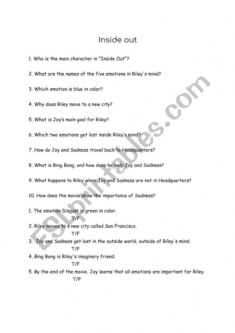 Inside out movie questions worksheet