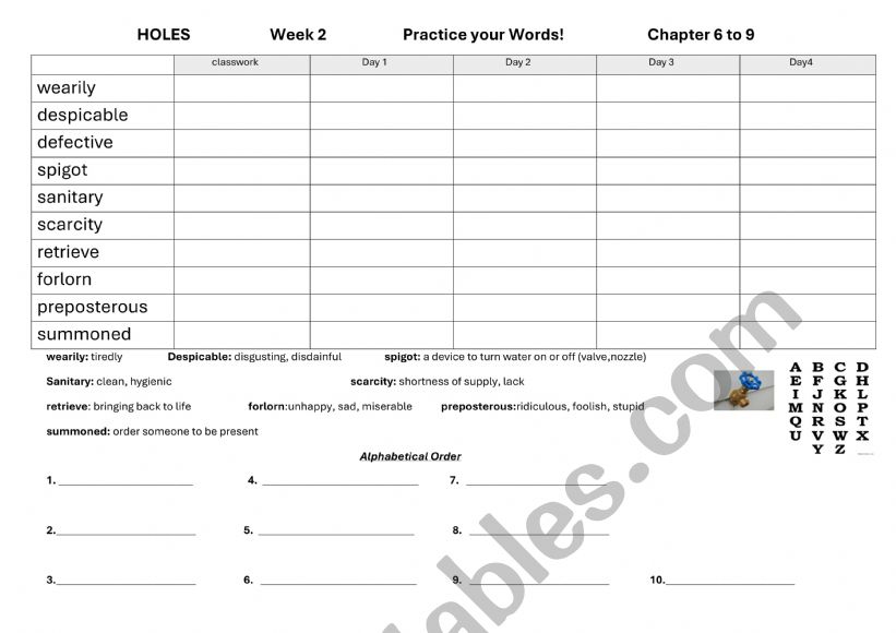 Spelling List Holes Chapters 6 to 9