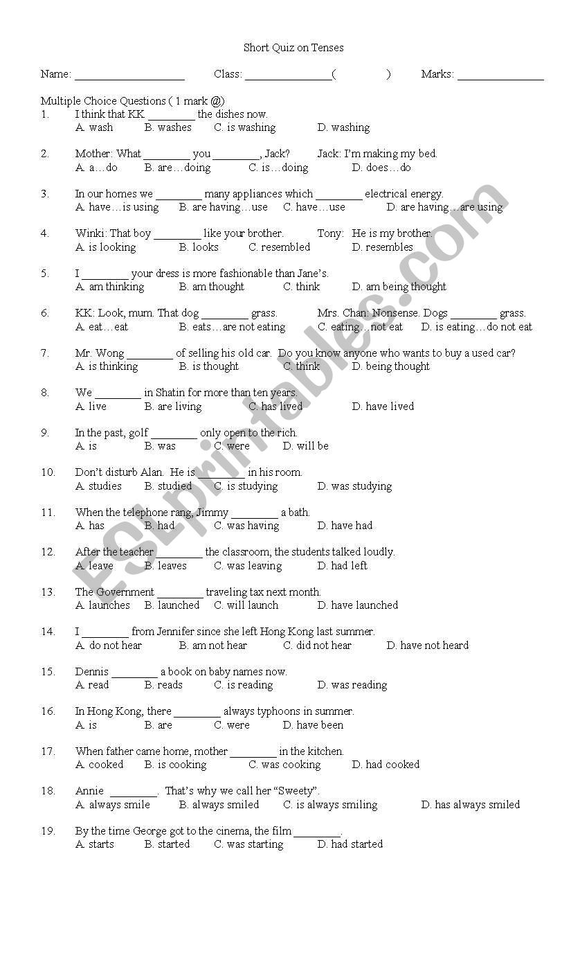 TENSES QUIZ ESL Worksheet By MATTHEWPHYSICS