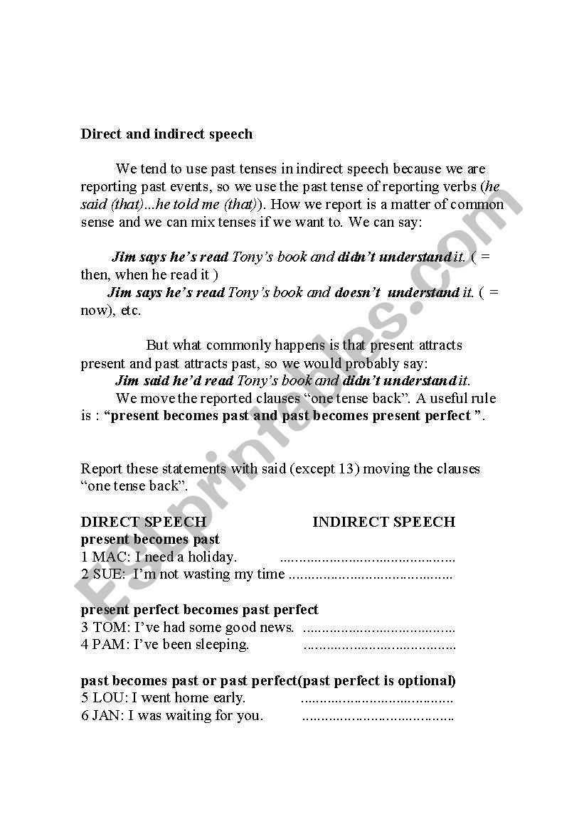 REPORTED SPEECH worksheet