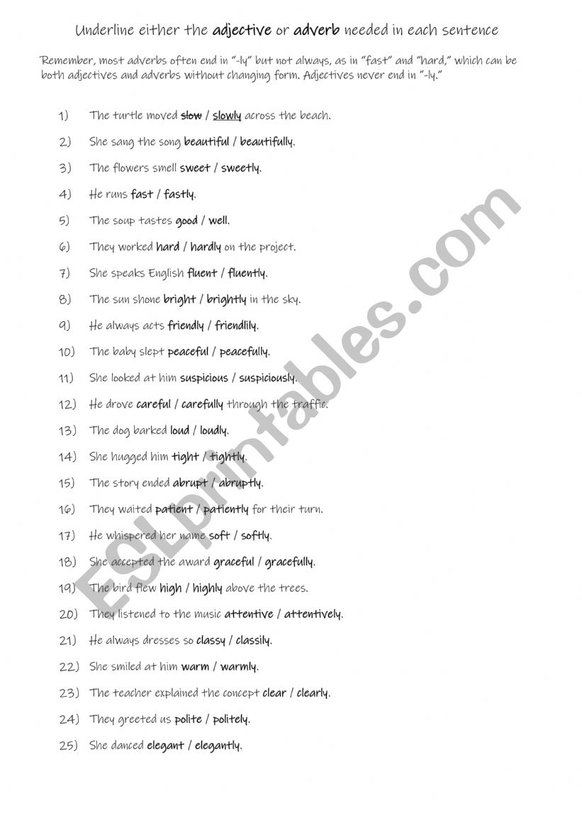 Adjective or adverb practise worksheet
