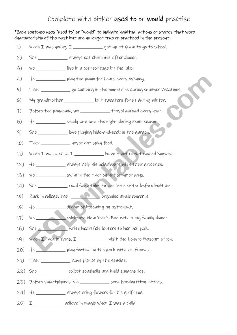 Used to or would practise worksheet