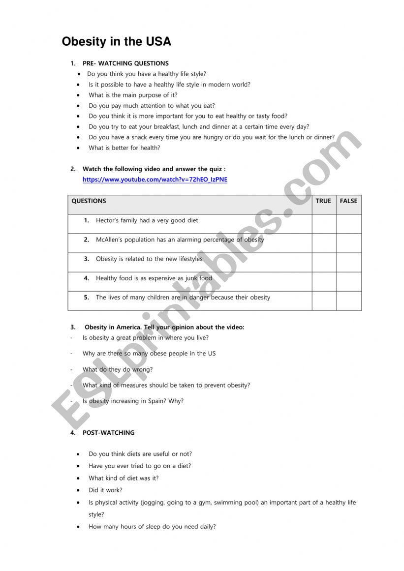 Obesity in the USA worksheet