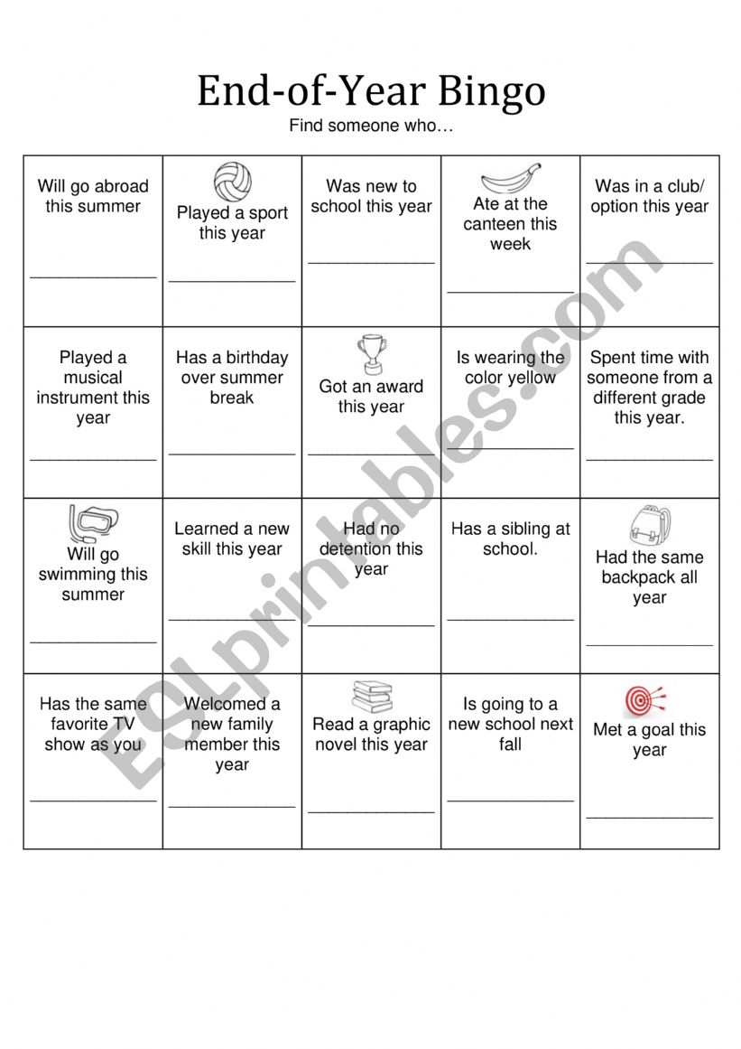 End of the year bingo - ESL worksheet by Alwena