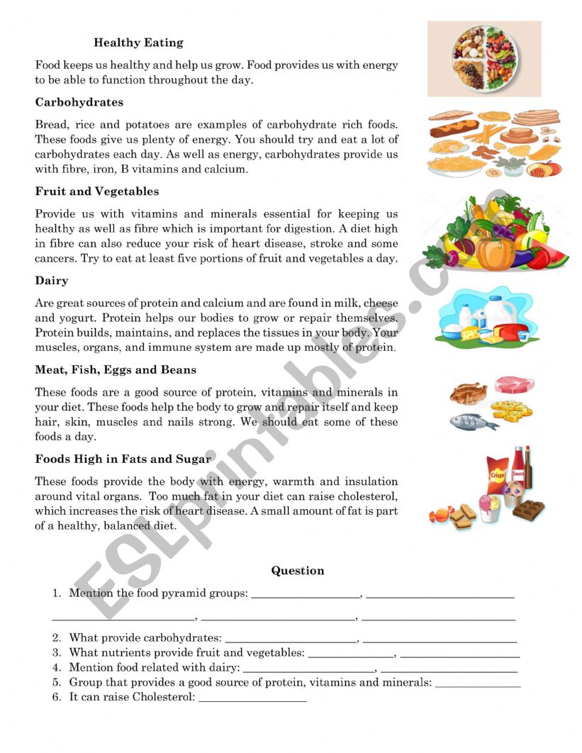 Food Pyramid readin worksheet