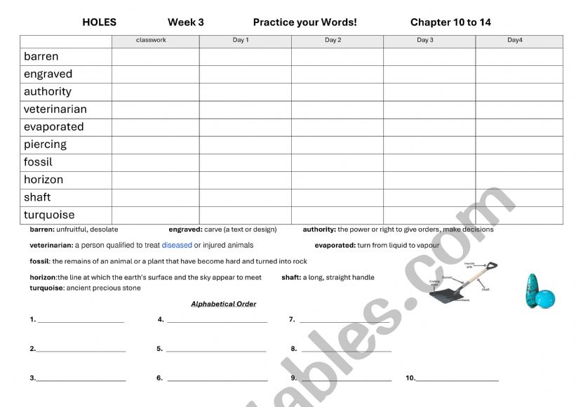 Spelling List Chapters 10 to 14 Holes Novel