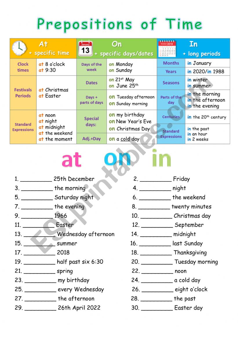 Prepositions of Time-at,on,in worksheet