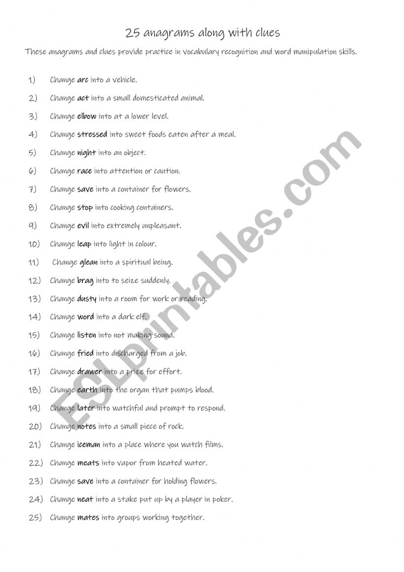 25 anagrams along with clues worksheet