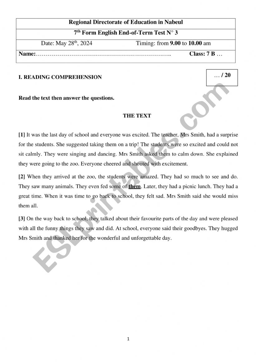 end of term test 3 regional Nabeul 2024 7th form