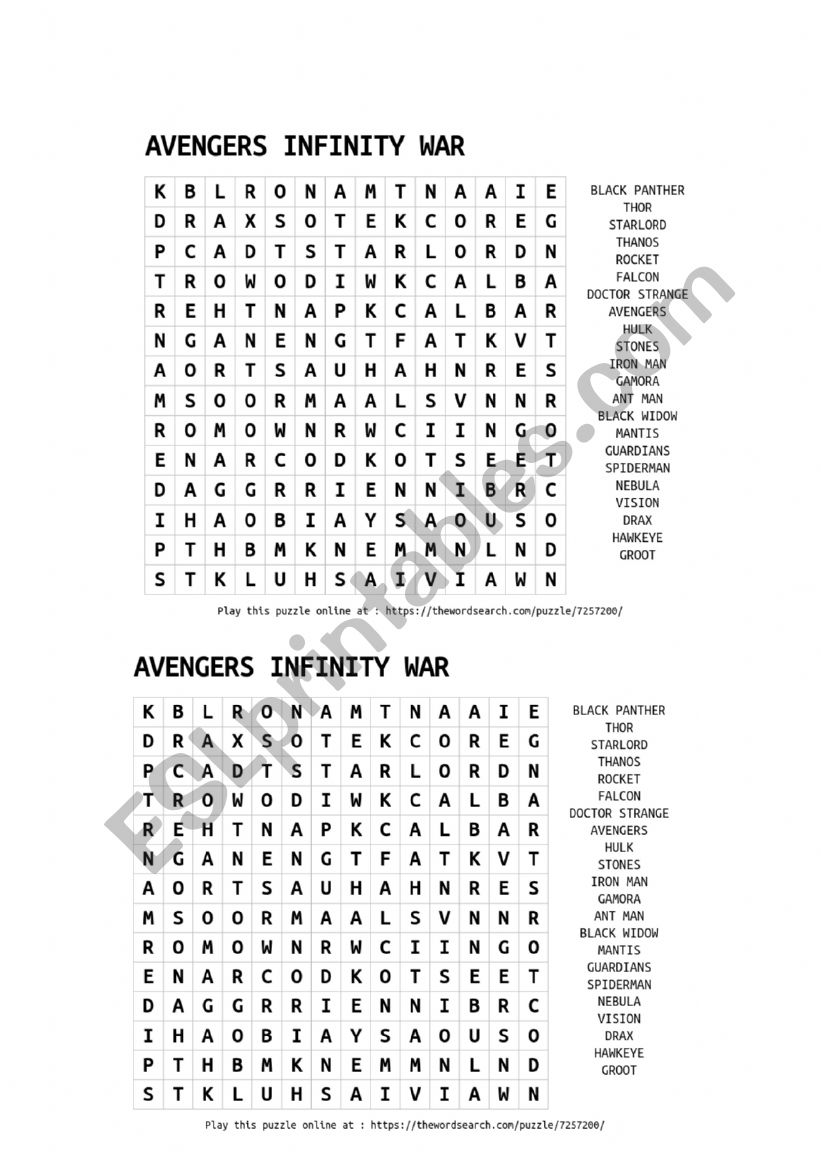 Avengers - Wordsearch worksheet