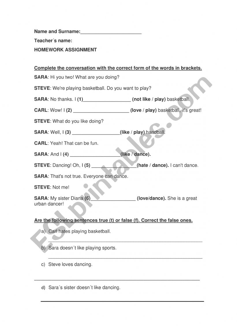 Like - love - hate + gerund worksheet