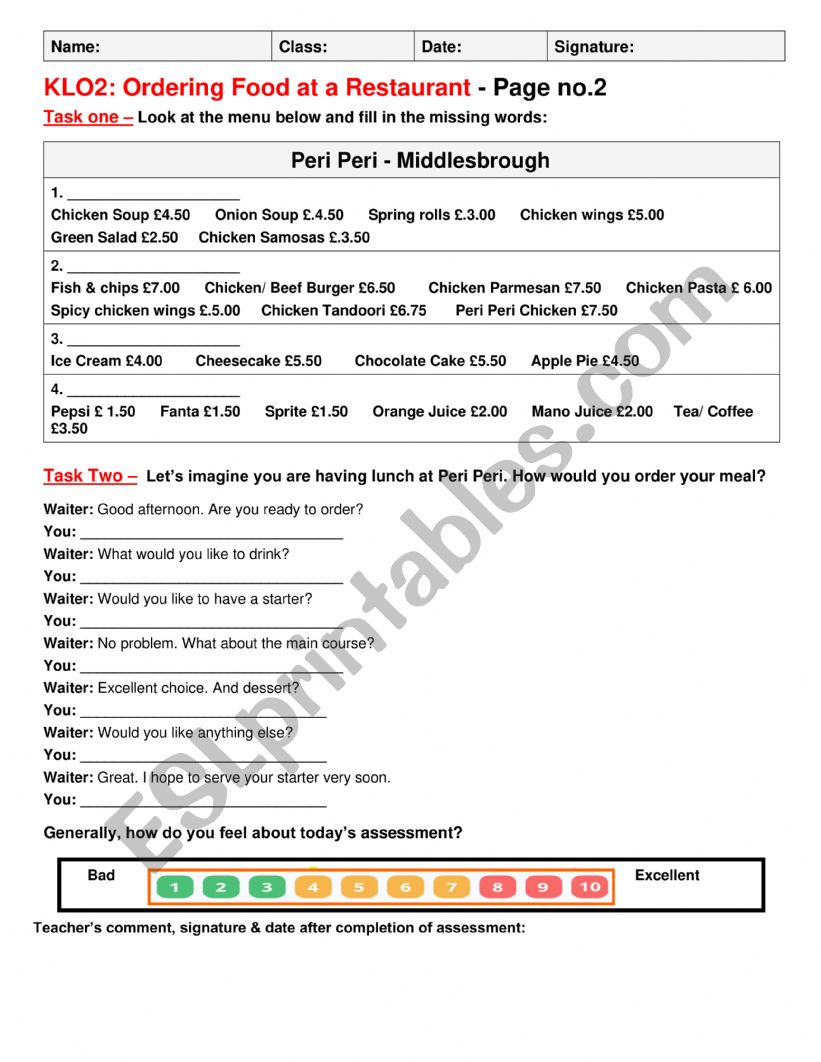 Ordering food at a restaurant worksheet