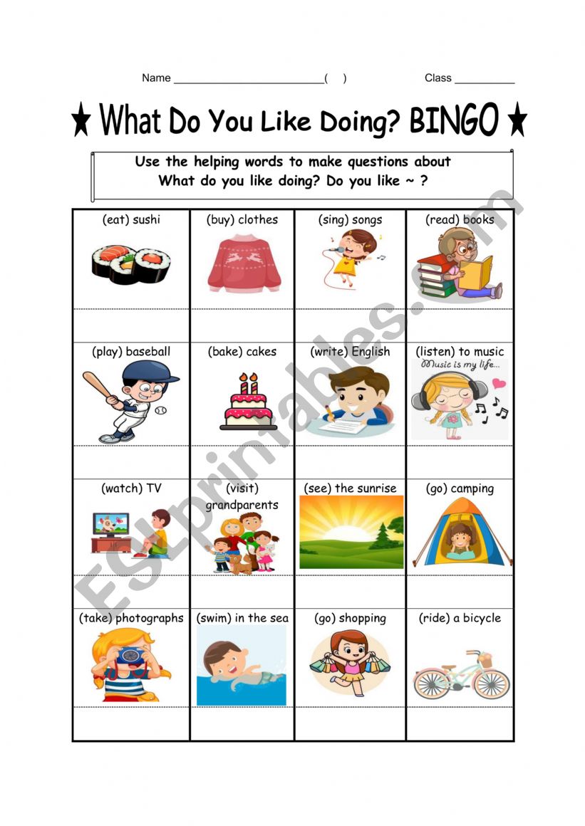 What Do You Like Doing? BINGO suitable for Elementary to Intermediate. (Editable)