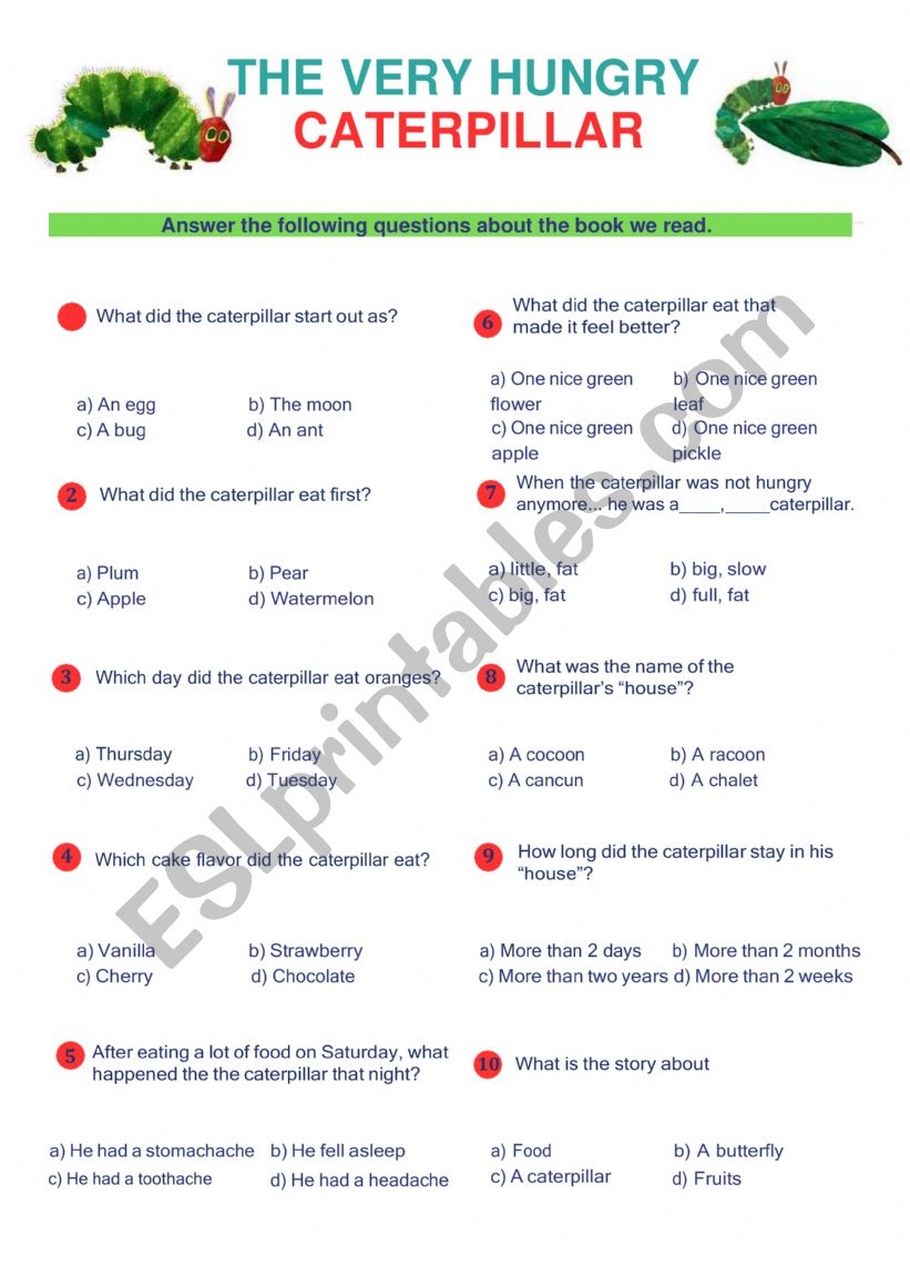 The hungry caterpillar mcq worksheet