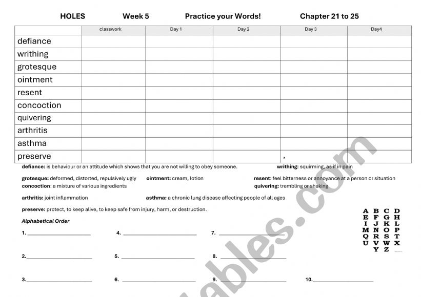 Spelling List Holes Chapters 21 to 25