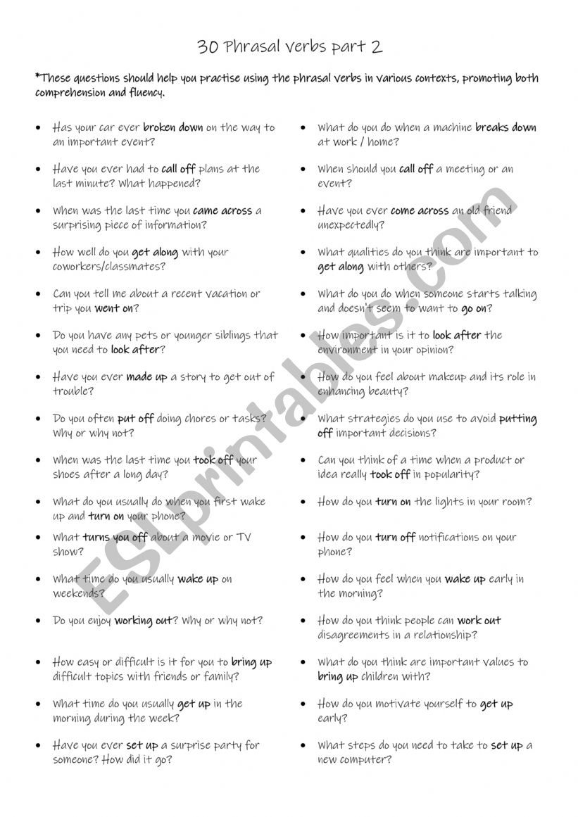 30 Phrasal verbs part 1 b worksheet