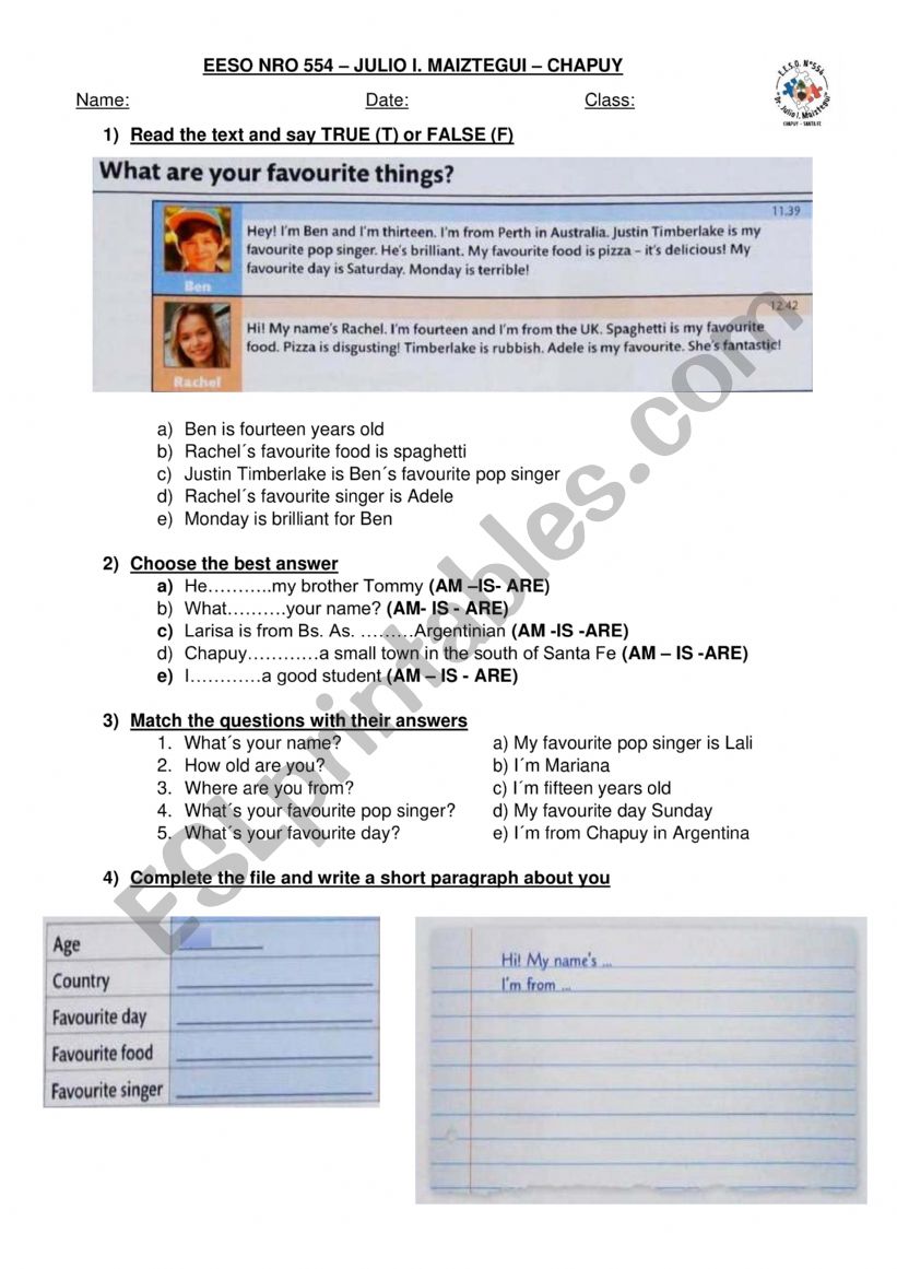 to be - personal information worksheet