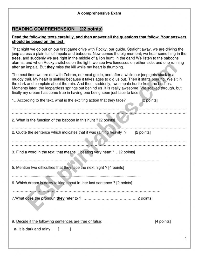 A Comprehensive exam worksheet