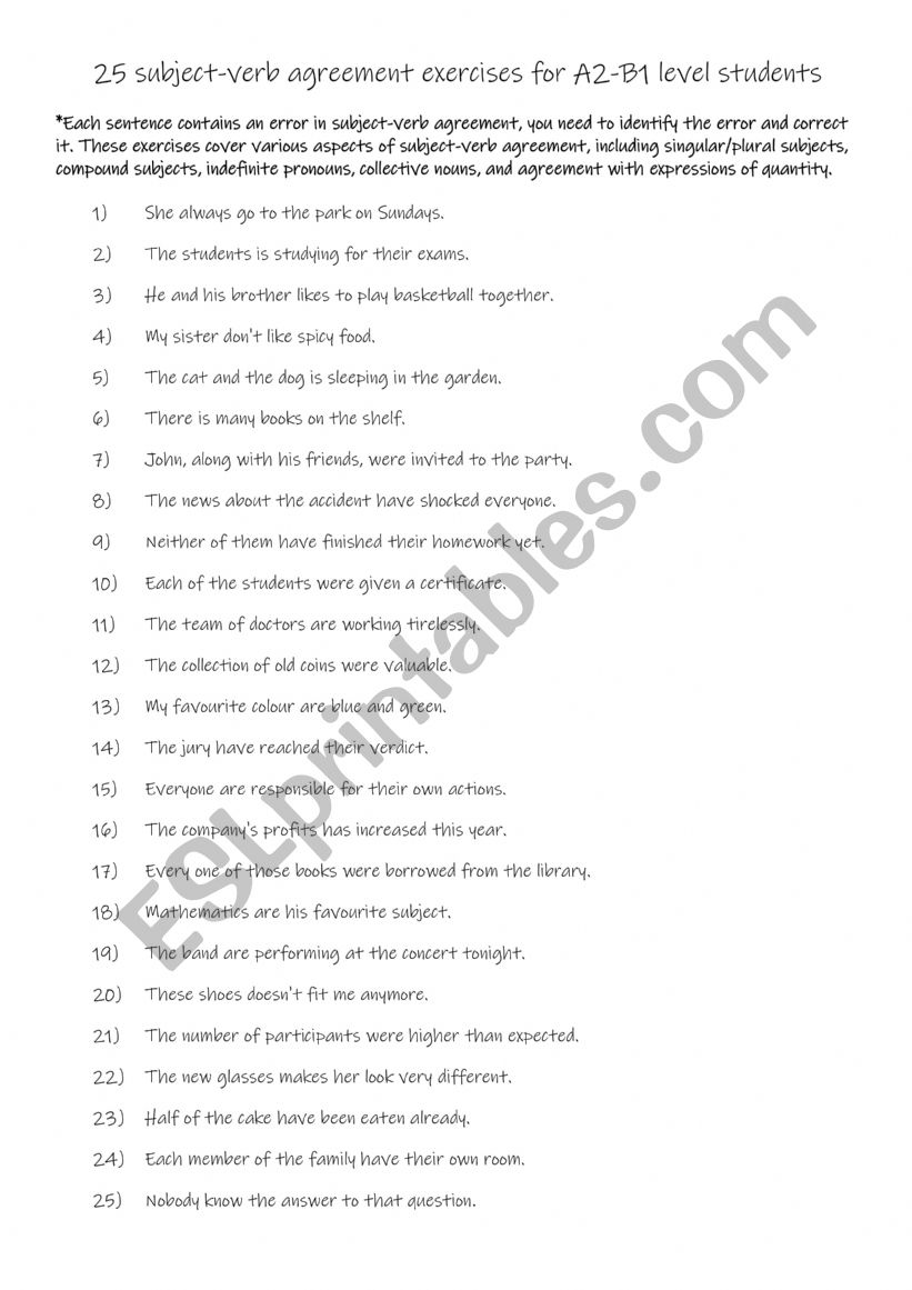 25 subject-verb agreement exercises for A2-B1 level students