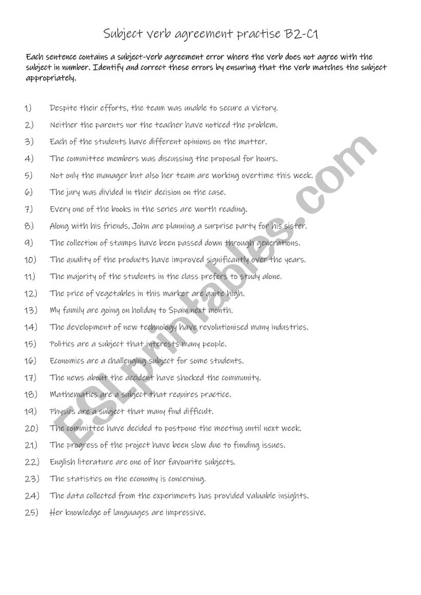 25 subject-verb agreement exercises for B2-C1 level students