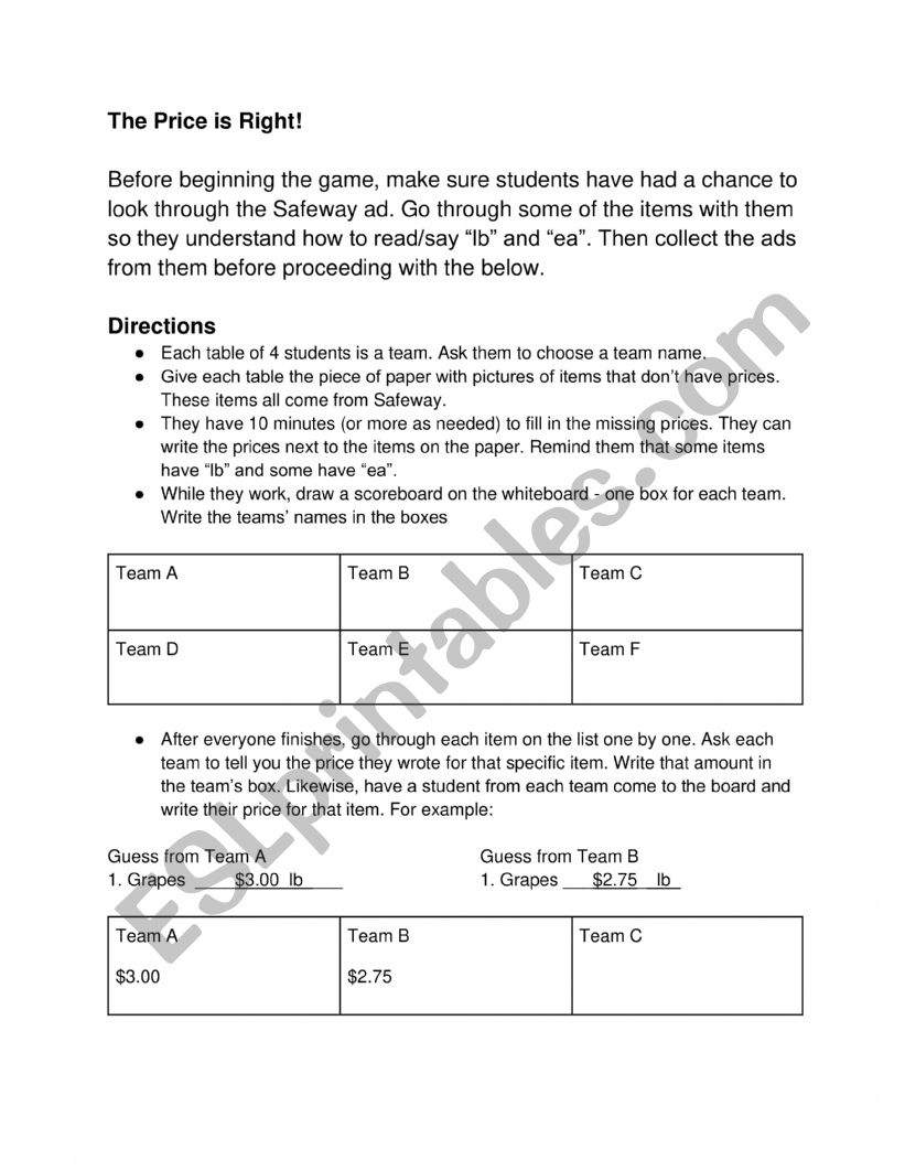 The Price is Right worksheet