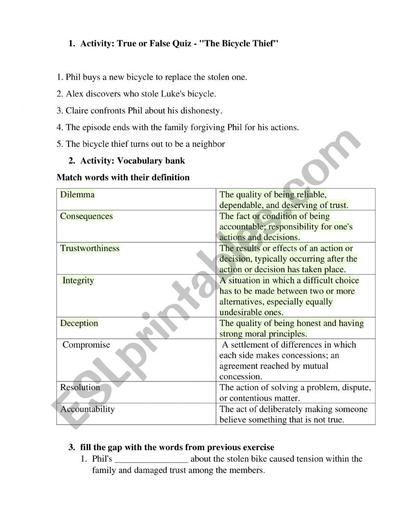 Modern Family worksheet