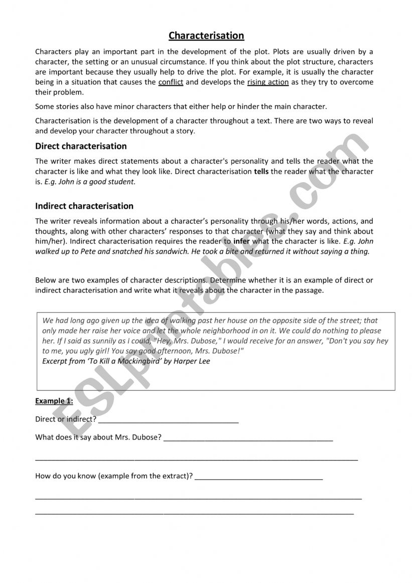 Characterisation worksheet