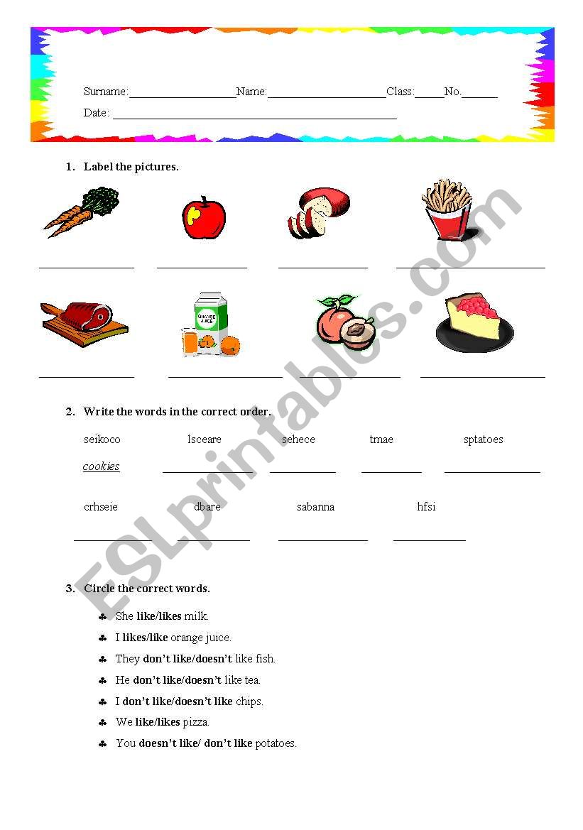 Food worksheet