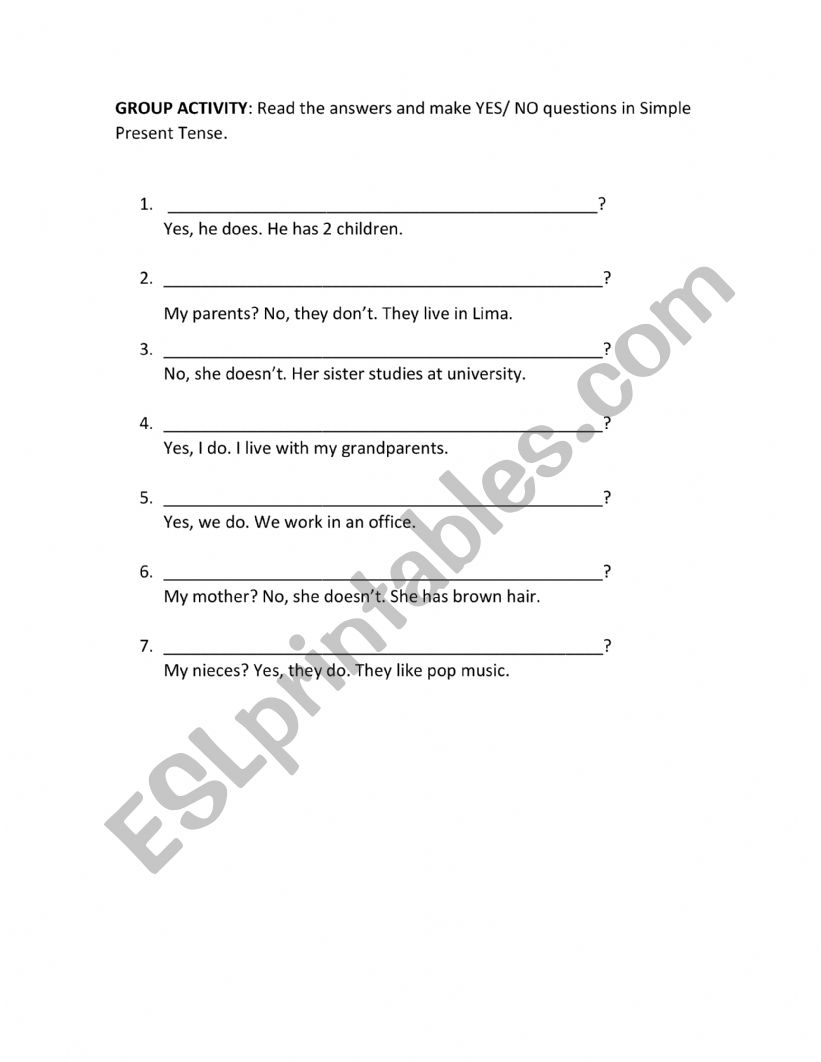 Yes/ No questions  worksheet