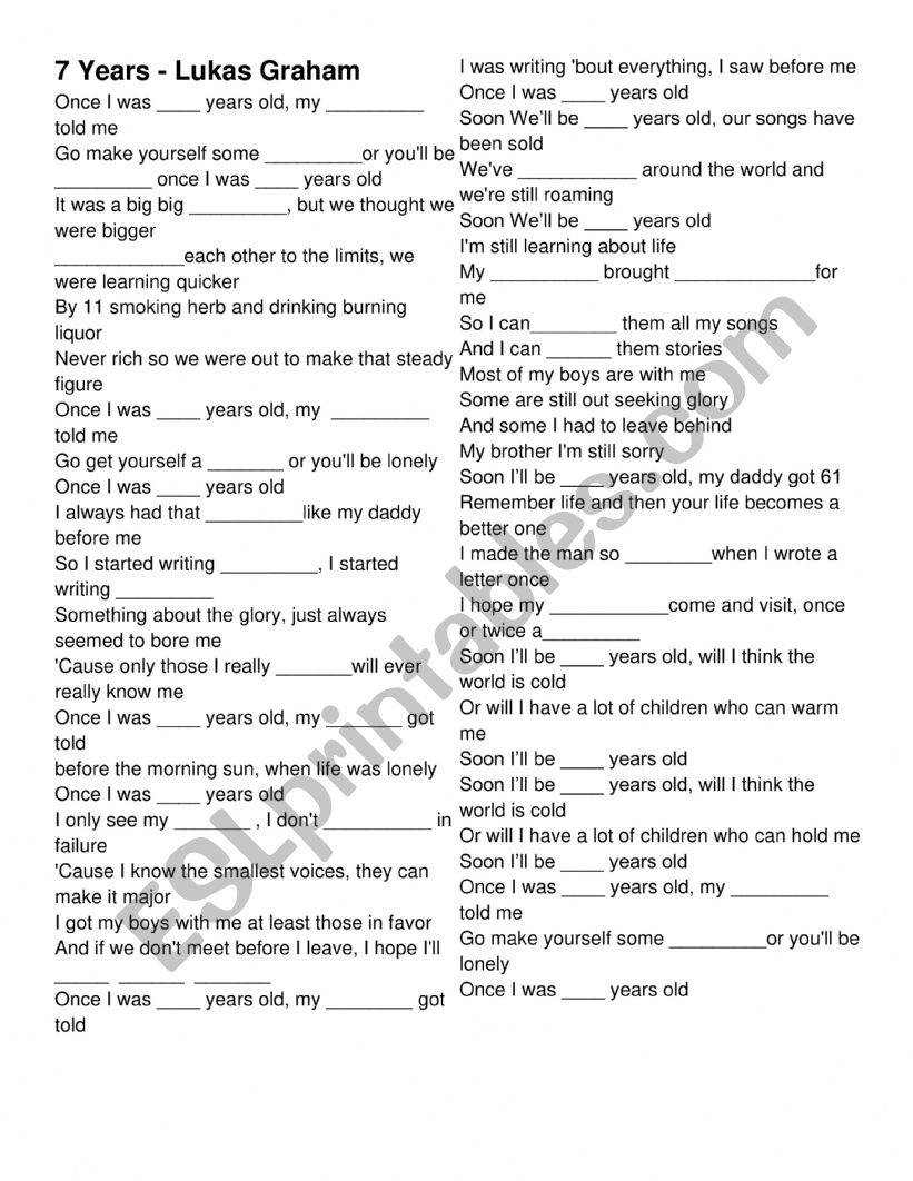 7 Years. Song Activity worksheet