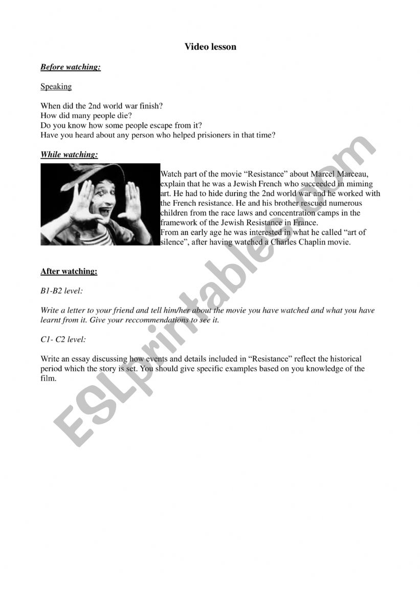 Marcel Marceau- video lesson worksheet