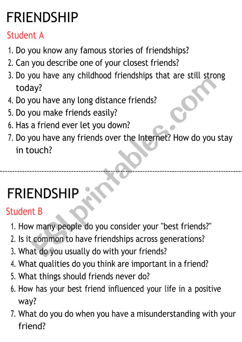 Friendship - Questions worksheet