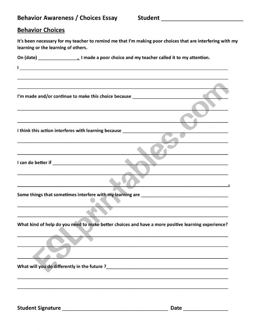 Behavior Awareness and Missing Homework form