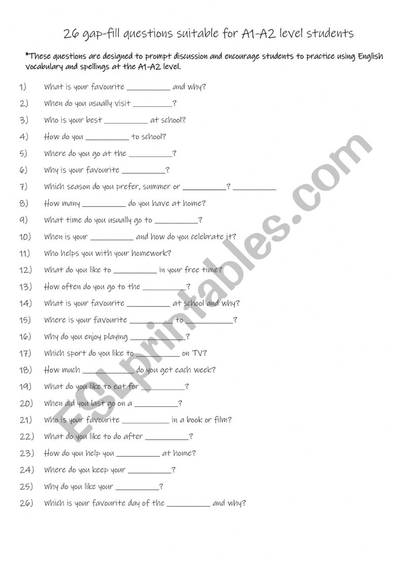 26 gap-fill questions suitable for A1-A2 level students