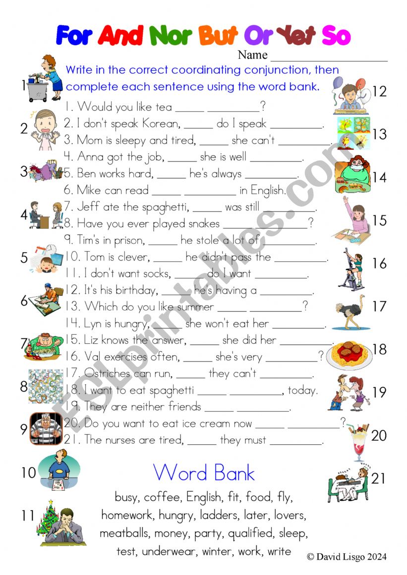 Coordinating Conjunctions Worksheet and Key 