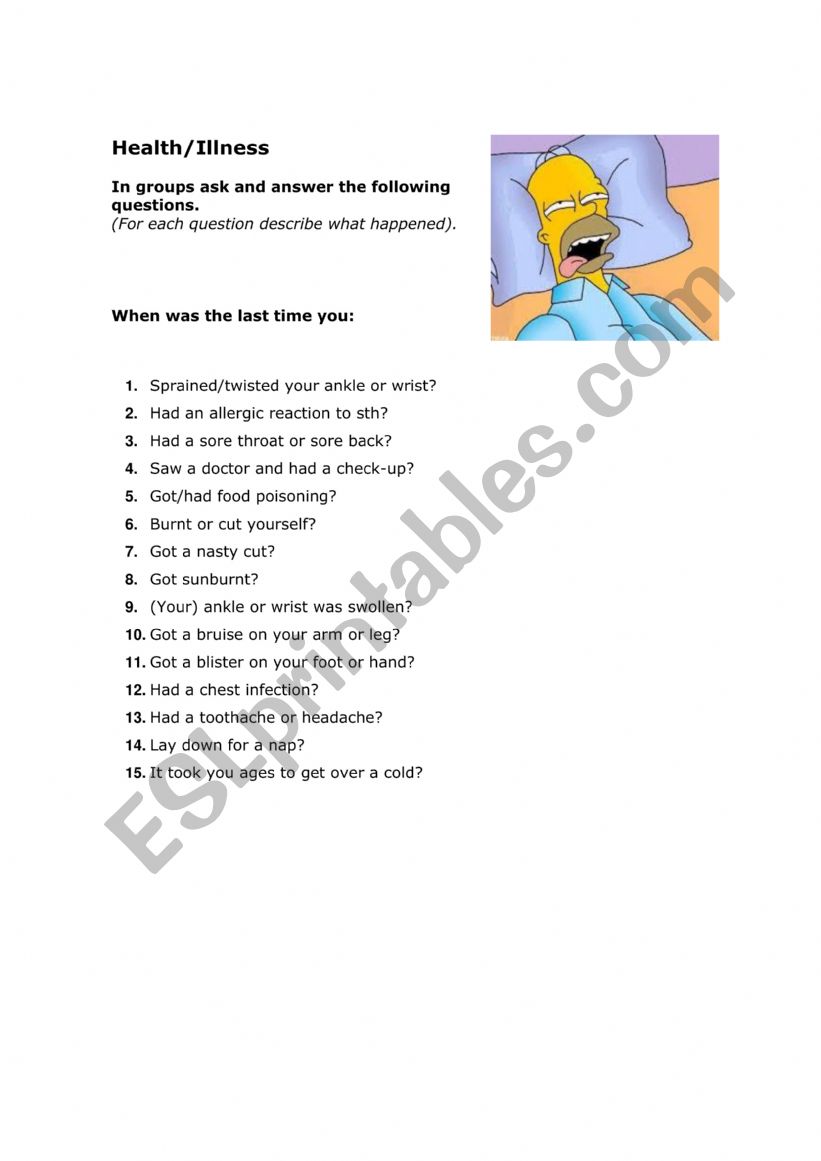 Health illness  worksheet