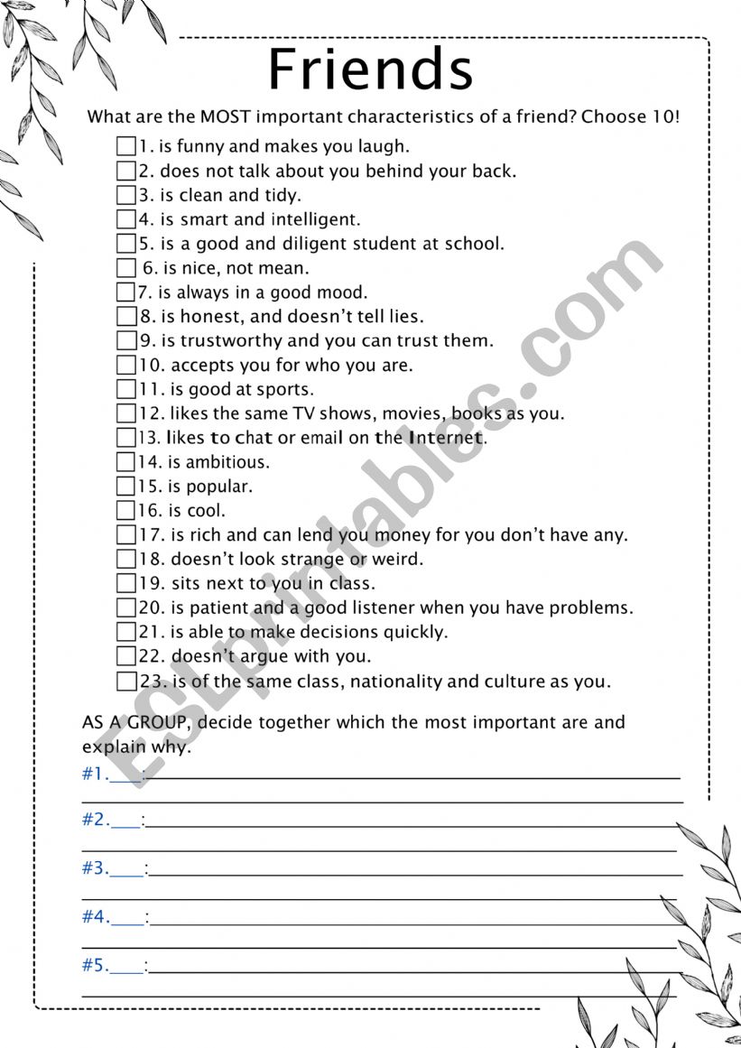 Friends - Characteristics worksheet