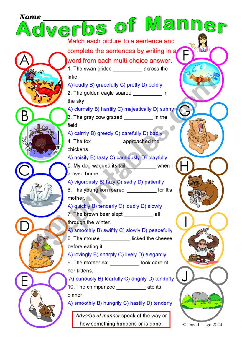 Adverbs of Manner 2 multi-choice worksheet with answer keys