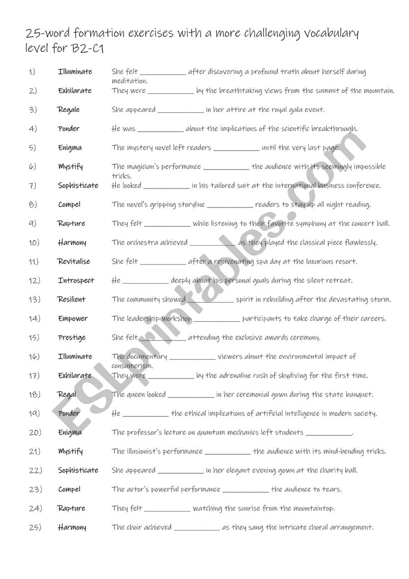 25-word formation exercises with a more challenging vocabulary level for B2-C1
