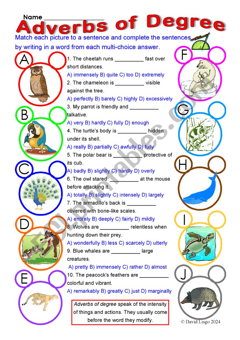 Adverbs of Degree 2 multi-choice worksheet with answer keys