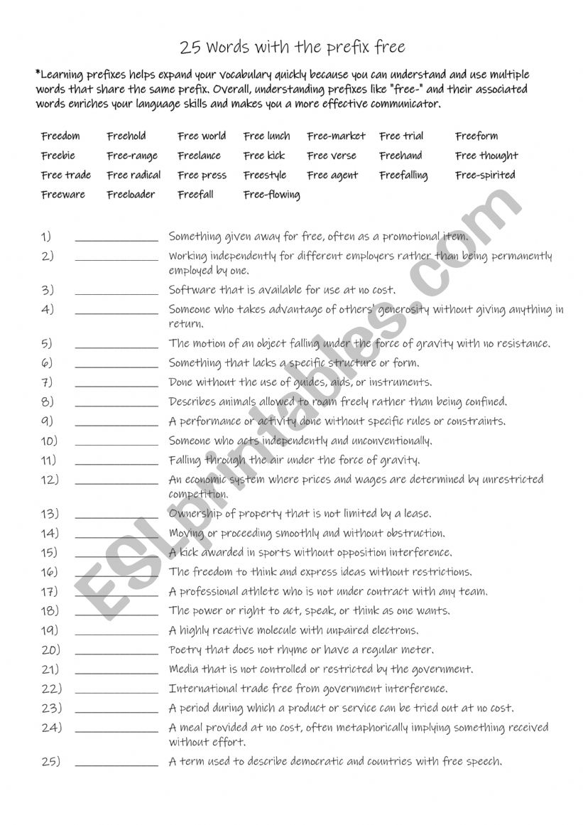 25 Words with the prefix free worksheet