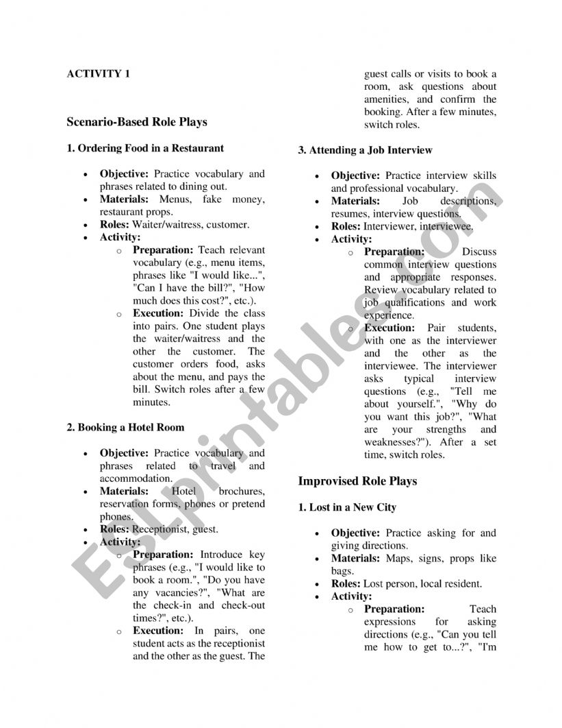 Role Plays  worksheet