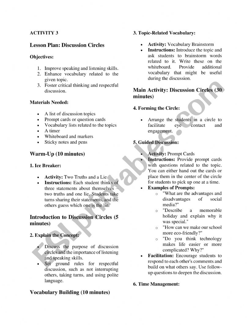 Discussion Circles worksheet