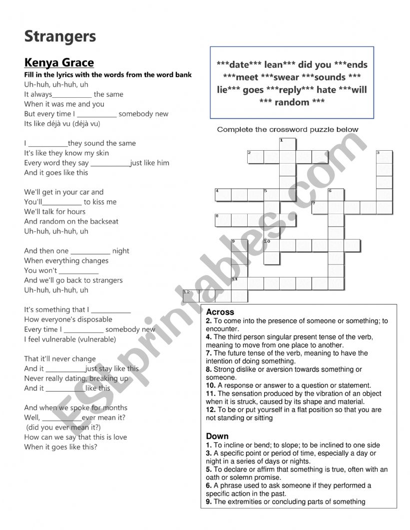 Stranger by Kenya Grace worksheet