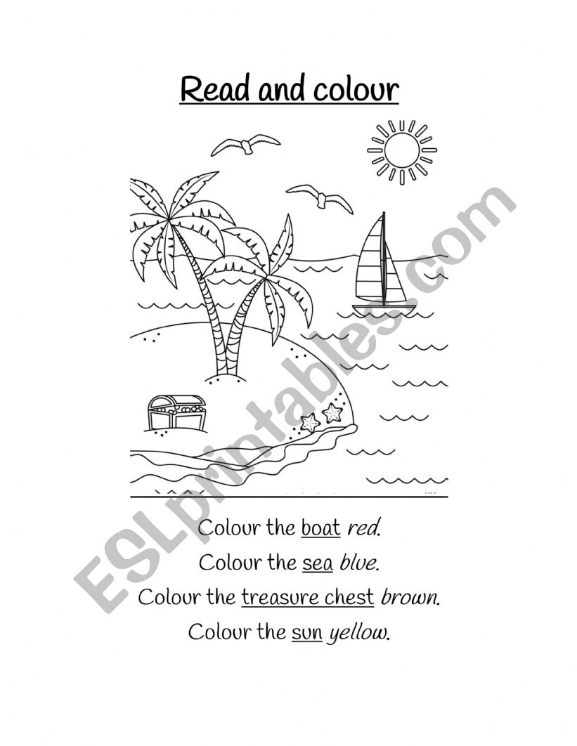 Read and Colour Beach worksheet