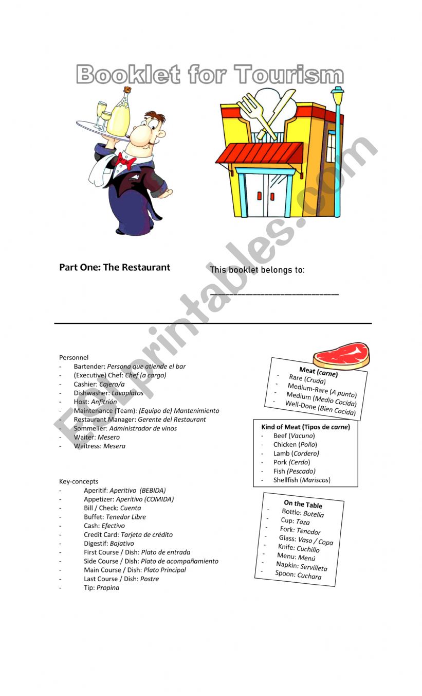 Booklet (for Restaurant) worksheet